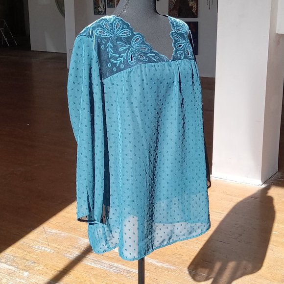 Blue sheer laser velour cut embellished top - Picture 10 of 13